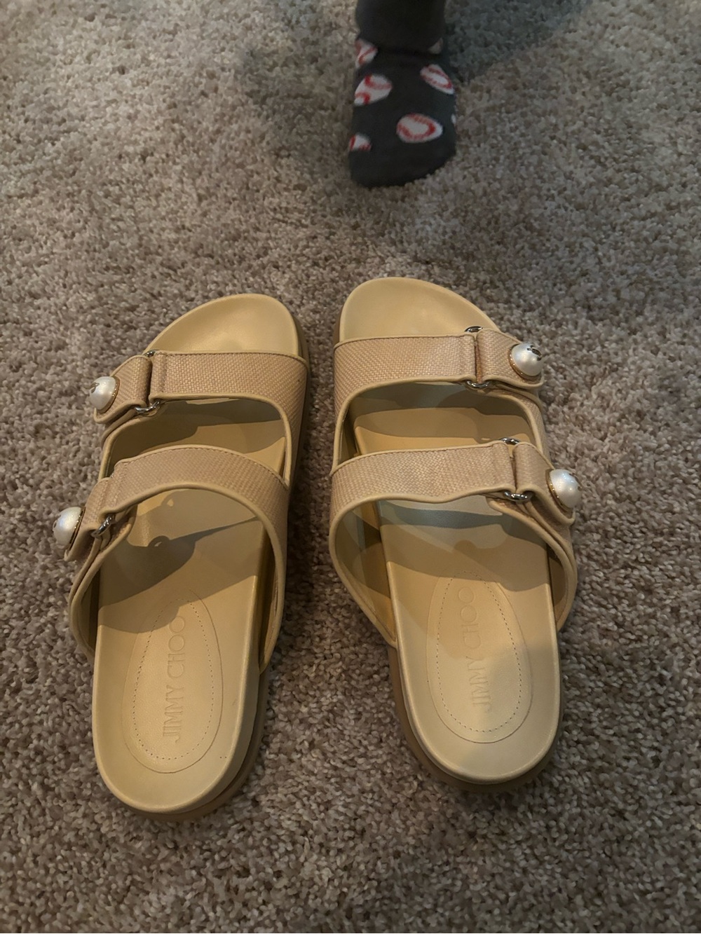 Jimmy Choo Beige Slide Sandals with Pearl Buckles